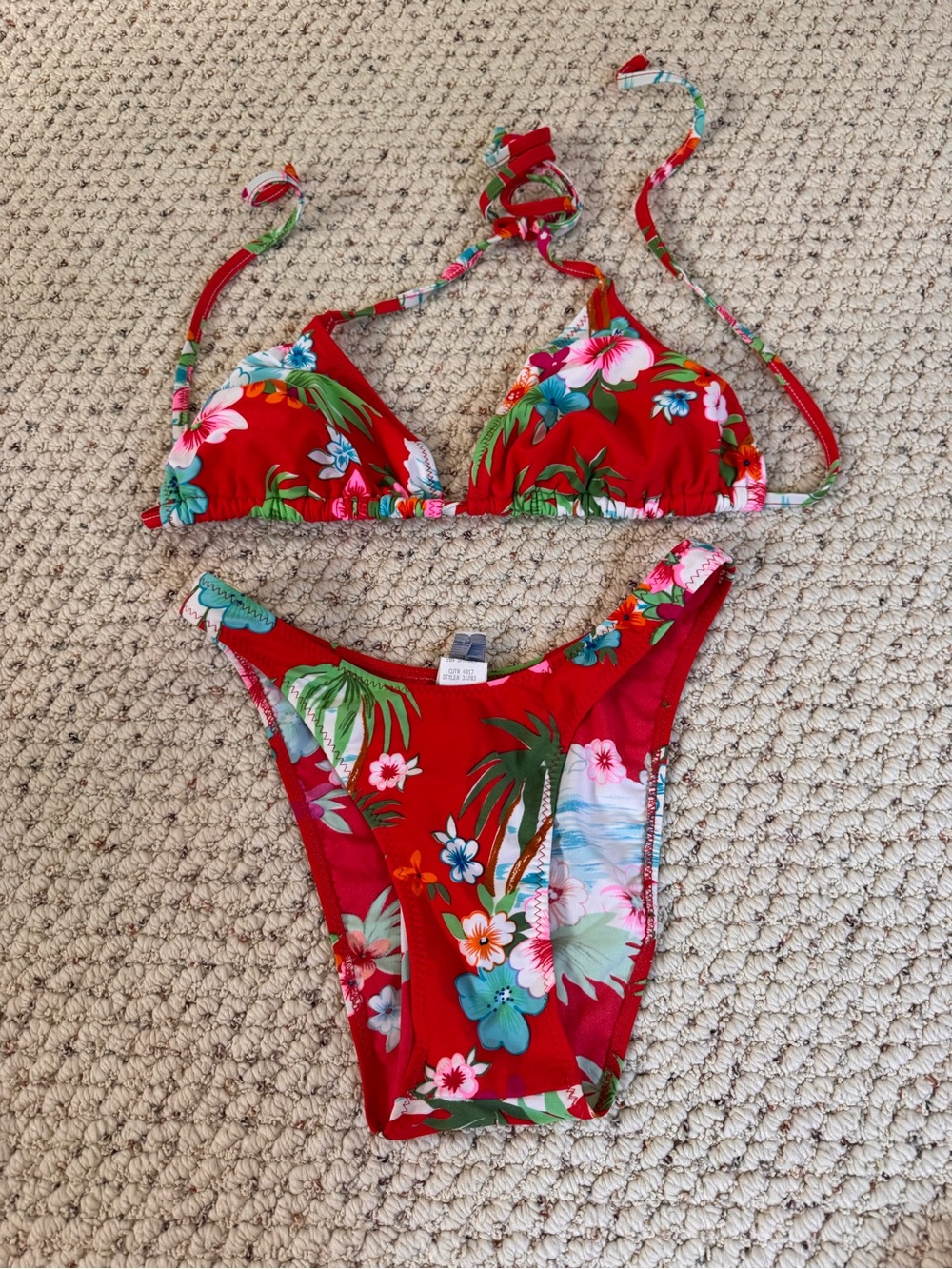 Vintage California Waves Hawaiian Red Tropical Floral Bikini